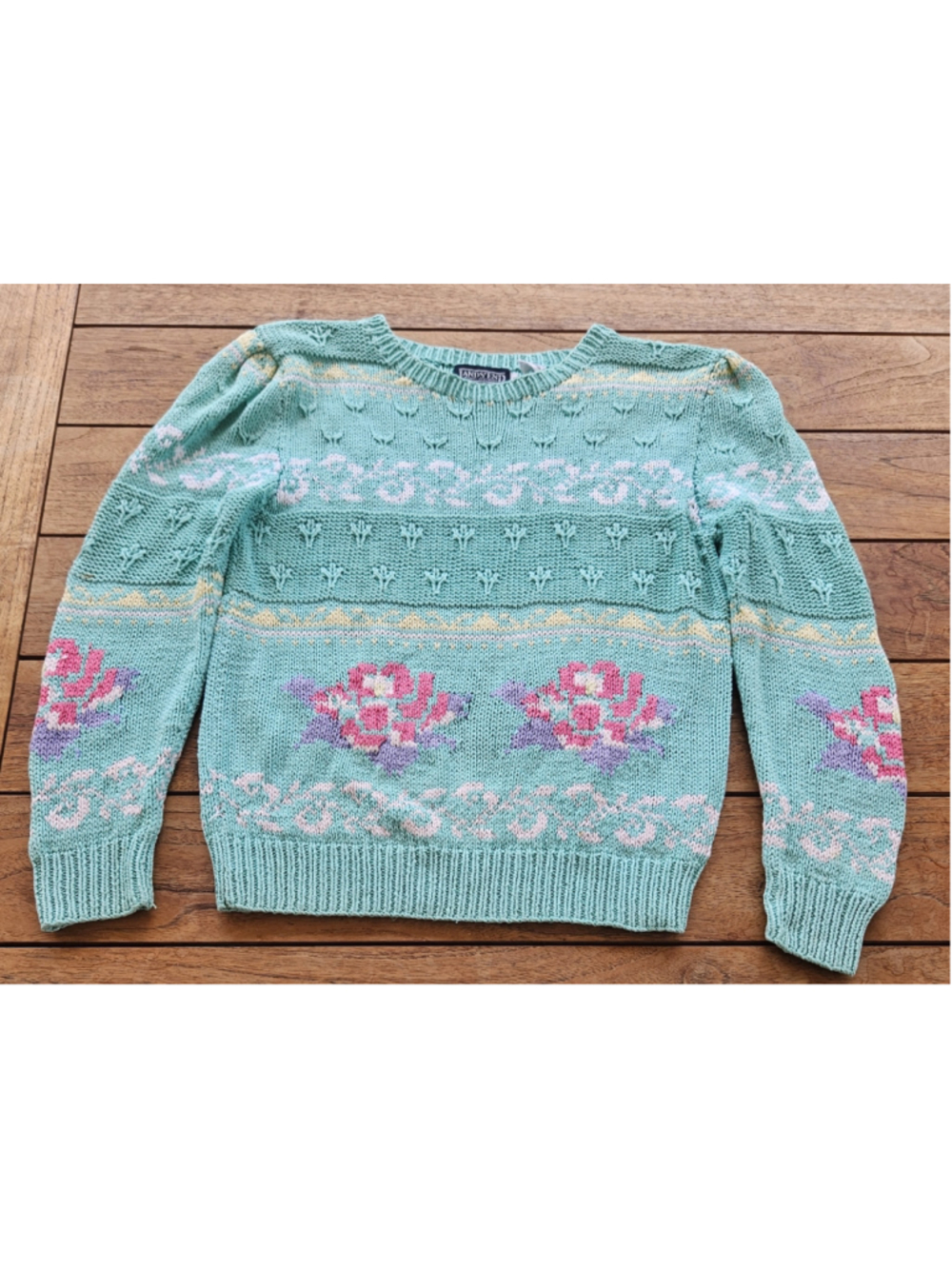 Vintage Lands' End Pastel Floral Intarsia Knit Sweater Tea Green Size S